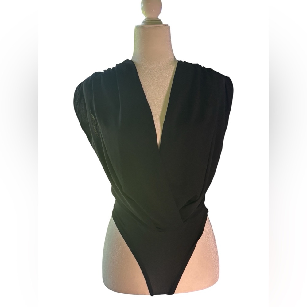 NWT ZARA Black Draped Plunge Bodysuit | Sleeveless Deep V Minimal Chic| Boho